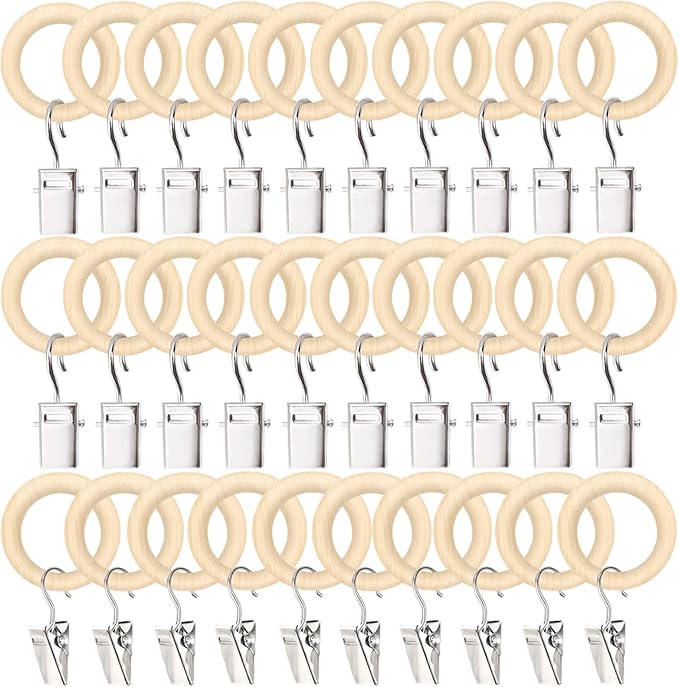 POVETIRE 30 Pack 2.5 Inch Wood Rings with Clips for Hanging Baby Headband Hair Accessories Baby Bib NecklaceJewelry Hat Holder