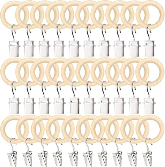 POVETIRE 30 Pack 2.5 Inch Wood Rings with Clips for Hanging Baby Headband Hair Accessories Baby Bib NecklaceJewelry Hat Holder