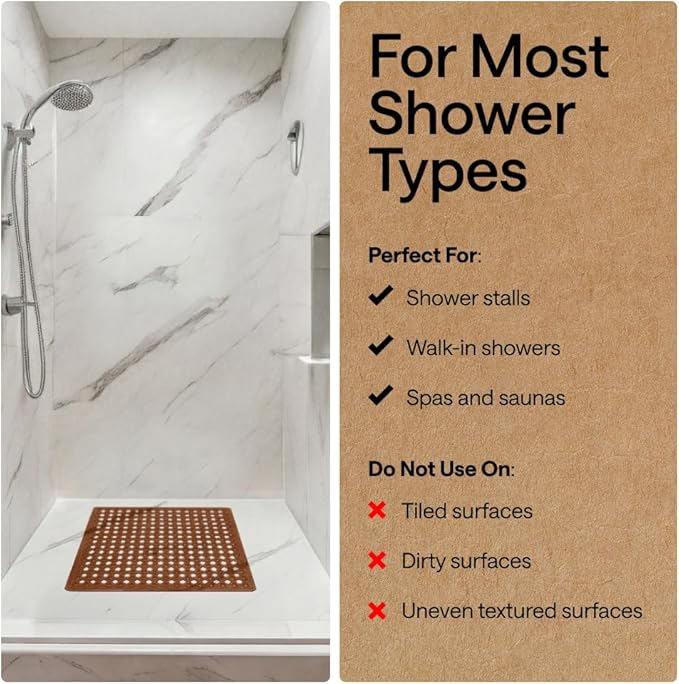 GORILLA GRIP Patented Square Shower Stall Mat, Small Bathtub Floor Mats for Stand Up Showers with Suction Cups and Drainage Holes, Machine Wash, Soft on Feet, Bathroom Accessories 21x21 Inch, Brown