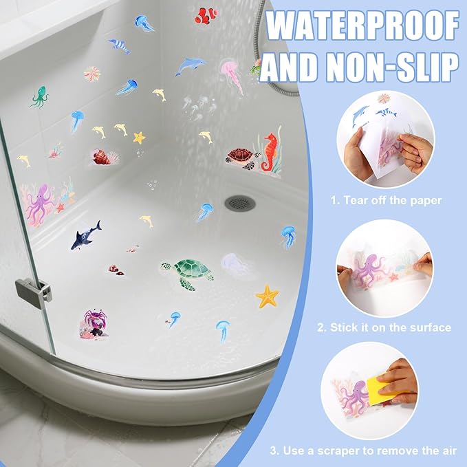 6pcs Sea Creatures Bathtub Grip Stickers, Non Slip Ocean Kids Bathtub Anti Clip Stickers Strong Adhesive Decals Creative and Cute Bathroom Decorations for Bath Tub and Shower Floor