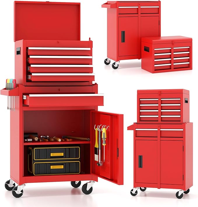 ARNOT 2-in-1 Rolling Tool Chest with 5 Drawers, Heavy-Duty Metal Tool Box with Wheels, Detachable Top Tool Box & Rolling Tool Cabinet for Garage, DIY (5-Drawers, Red)