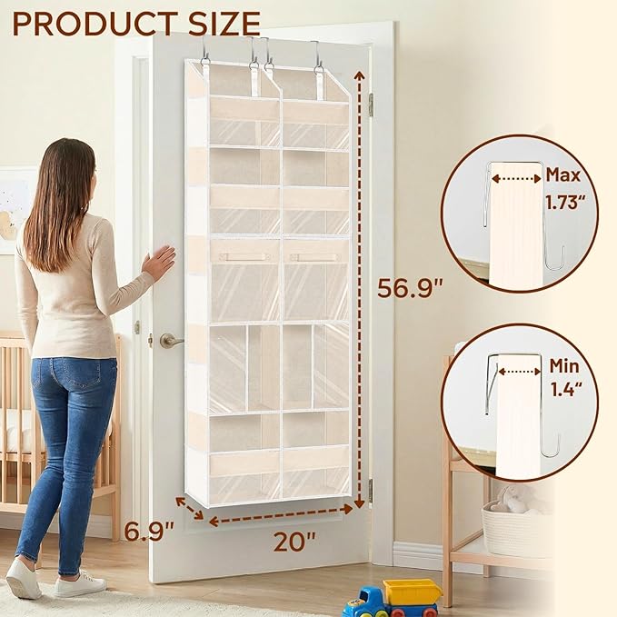 Over the Door Organizer 5 Tiers with Removable Drawers, Extra Large Door Storage of 6 Compartments & 2 Diaper Storage, Double-Column Clear Window Door Hanging Organizer for Nursery, Closet, Pantry