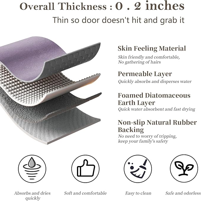 2 Piece Bathroom Rugs Mat Set - Quick Dry Diatomaceous Earth Bath Mat for Bathroom Non-Slip Bath Rug with Rubber Backing, Absorbent Bath Mat Thin Bath Floor Mat, 15.7x23.6+15.7x47.2 Inch, Lavender