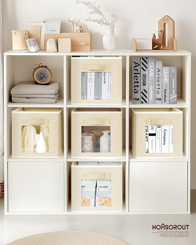 Foldable Storage Cubes - Cubby Storage Organizer with Window, Decorative Baskets for Organizing, 11 Inch Fabric Cube Shelf Bins, Set of 10, Beige