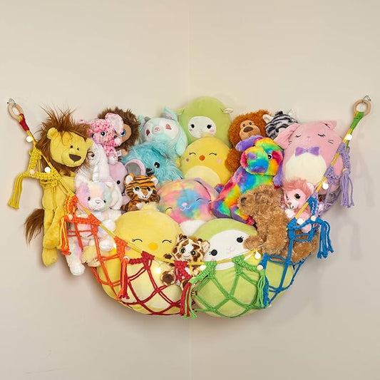 Lilly's Love Stuffed Animal Storage Macrame Hammock w/String Lights, Large - Boho Room Decor Toy Storage - Corner Hanging Plushie Stuffed Animal Net Organizer (Rainbow)