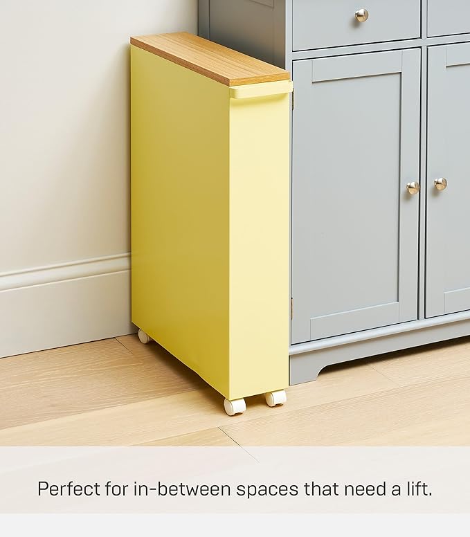 YAMAZAKI Home Slim Rolling Storage Cart – Narrow Bathroom Storage Cabinet with Handle, Slim Bathroom Storage Cart with Wheels, Easy Assembly, Steel + Wood, Yellow, 27" - Steel -