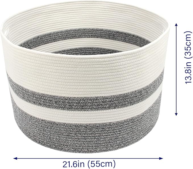 Casaphoria XXXLarge Cotton Rope Basket for Living Room - Woven Storage Basket with Handle for Blankets, Towels and Pillows Laundry Hamper | White and Grey (22" x 22" x 14")