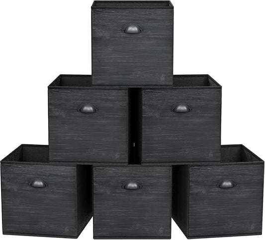 homyfort Fabric Cube Storage Organizer Bins, 12x12 Inch Black Wood Grain Printing Storage Cubes, Closet Cloth Baskets Box For Shelves, Set of 6