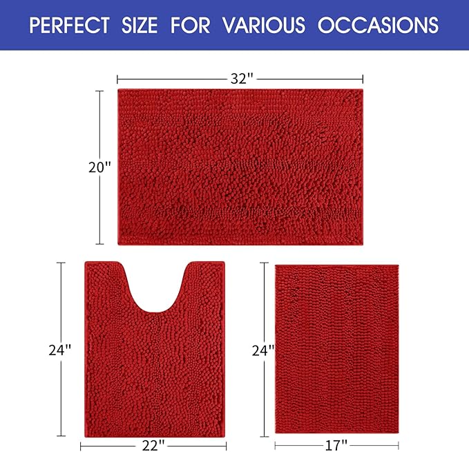 ACCUMTEK Christmas Striped Red Ultra Soft Bathroom Rugs and Mats Set 3 Pieces Bath Mat Set, Thick Chenille Bath Rugs Non Slip Bath Mats for Bathroom, Kitchen, Burgundy
