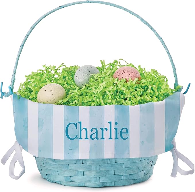 Personalized Easter Egg Basket with Handle and Custom Name | Blue Striped Easter Basket Liners | Blue Basket | Woven Easter Baskets for Kids | Customized Easter Basket | Personalized Gifts for Easter