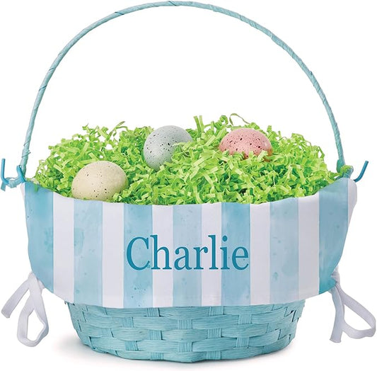 Personalized Easter Egg Basket with Handle and Custom Name | Blue Striped Easter Basket Liners | Blue Basket | Woven Easter Baskets for Kids | Customized Easter Basket | Personalized Gifts for Easter