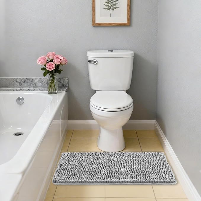 Gray Bathroom Rugs 20"x32" - Thick Plush Chenille Non-Slip Bath Mat - Absorbent, Washable, Soft Decor for Sink, Shower, Tub, Kitchen, Home Accessories