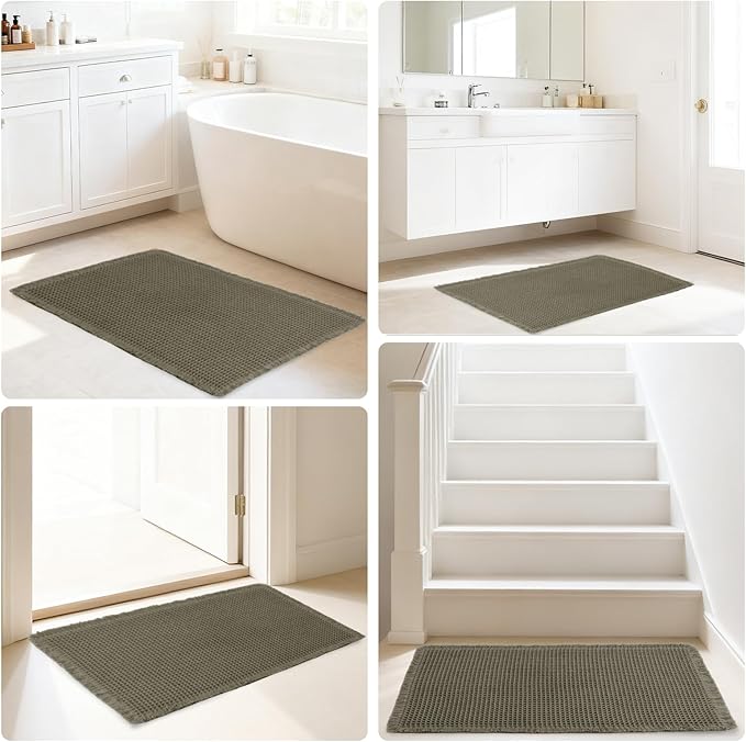 Hiasan Waffle Bath Mat, Super Absorbent Non Slip Bathroom Boho Rug with Tassels, Machine Washable Bath Mats for Bathroom, Ultra Soft Rubber Backed Rug, Grayish Green, 20 x 32 Inches