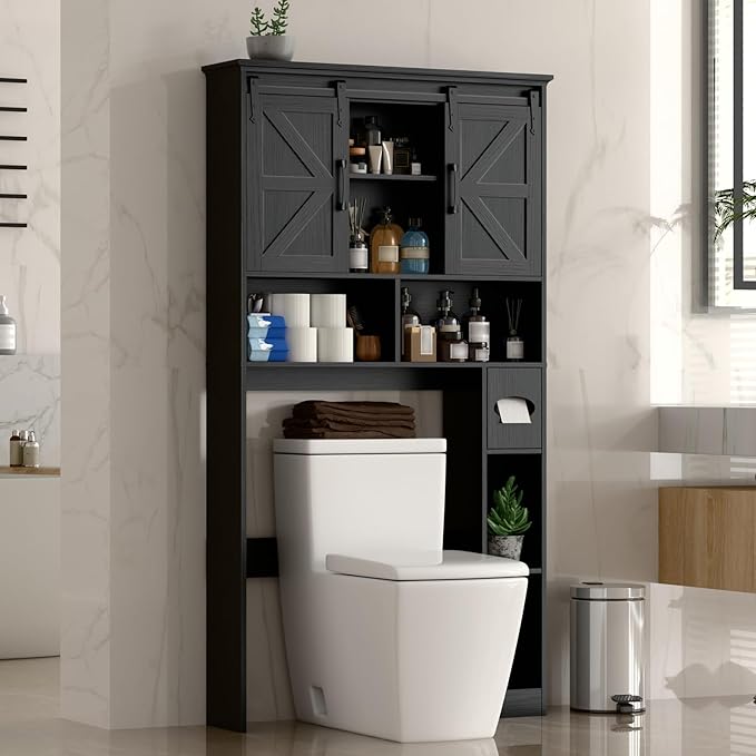 Over The Toilet Storage Cabinet,Farmhouse Space-Saving Toilet Rack with 2 Sliding Barn Doors,Bathroom Organizer with Toilet Paper Holder Stand & Storage Shelves,for Laundry, Bathroom,Restroom