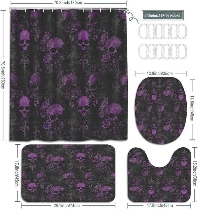 Gothic Skull Bathroom Set, 4-Piece with Shower Curtain 71x71, Bath Mat, Contour Rug, Toilet Lid Cover, Purple Roses Skull Pattern(Purple 1)