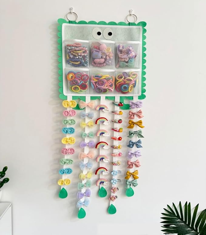 Hanging Hair Clip Organizer with Multiple Storage Pockets, Hair Bow Holder for Girls, Barrettes and Scrunchies Storage Solution, Hair Accessories Organizer (Green)