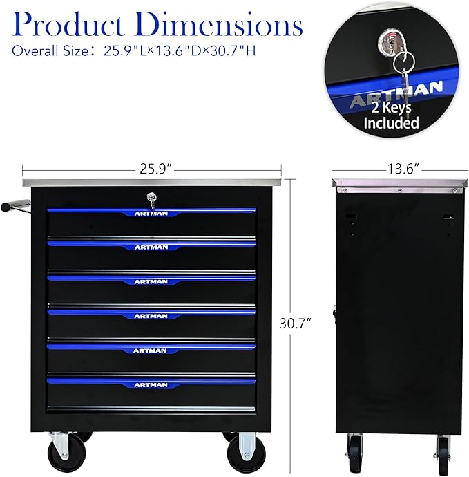 6 Drawers Rolling Tool Chest Cart PLUS ,Tool Storage Cabinet With 4 Wheels.Tool Cabinet Trolley With Locking System and Stainless Steel Countertops.Tool Storage Cart for Garage,Workshop,Warehouse