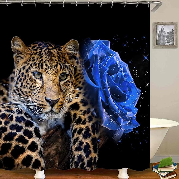 4PCS Blue Rose Leopard Shower Curtain Sets with Rugs, Waterproof Fabric Black Shower Curtain, Modern Romantic Elegant Blooming Floral African Wild Animal Safari Jaguar Cheetah Bathroom Decor