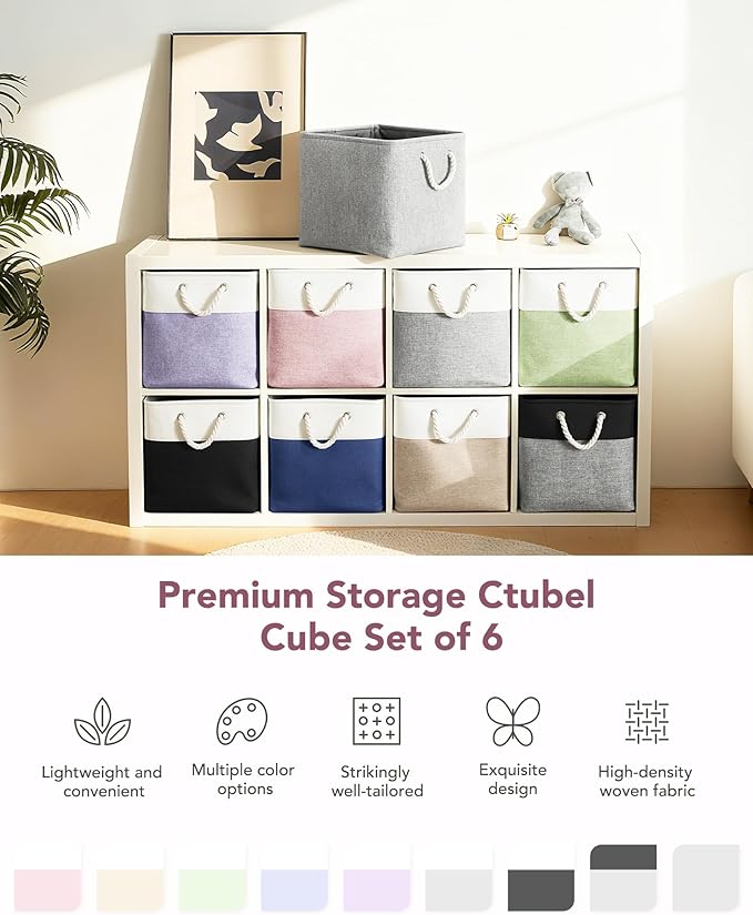 13x15x13 Storage Cube Bins, Heavy Duty Foldable Fabric Storage Bins with Handles and Metal Frame, 6 Pack Large Closet Organizer Bins for Clothes, Socks, Towels, White Pink