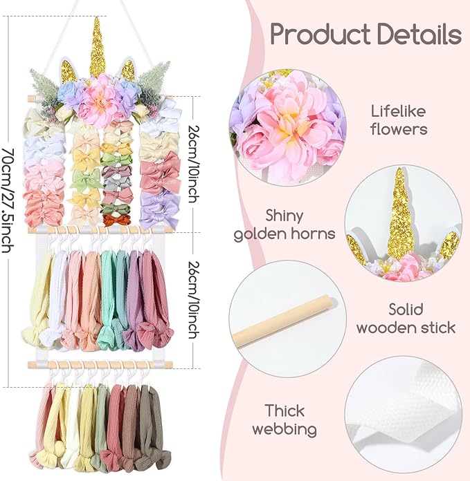 POVETIRE Headband Holder Bows Organizer for Girls, Unicorn Baby Bow Holder Hair Accessories Organizer Storage Wall Hanging for Toddler Room Nursery Decor