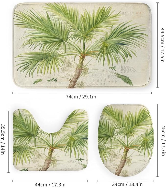 Green Palm Tree 4 Piece Shower Curtain Sets with Rugs Include Waterproof Shower Curtain Non-Slip Rug Toilet Lid Cover Bath Mat Coconut Palm Tree Nature Paradise Plants Waterproof Bath Curtain