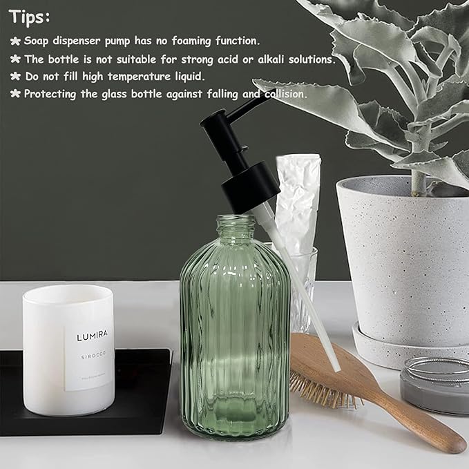 Green Glass Soap Dispenser Set with Black Pump, 13.5oz Refillable Liquid Hand Soap Dispenser, Lotion Dish Soap Dispenser for Modern Home Decor, Bathroom, Kitchen Countertop, Hotel(2 Pack)