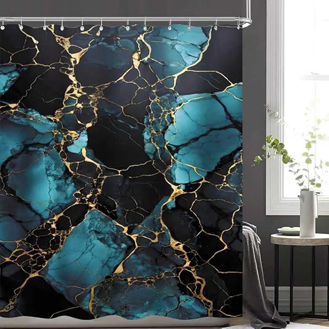 4 Pcs Navy Marble Shower Curtain Sets with Rugs Gold Bathroom Sets with Shower Curtain and Rugs Modern Abstract Bathroom Decor Accessories Shower Curtains for Bathroom Toilet Lid Cover