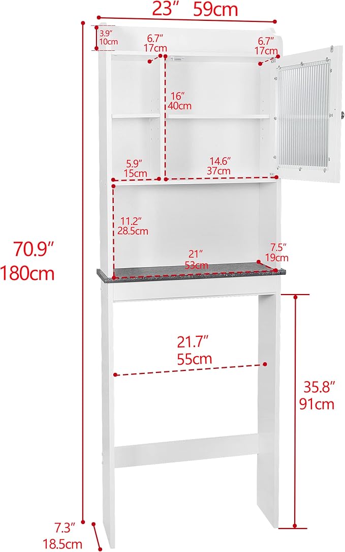ZenStyle Over The Toilet Cabinet Double Door Wood Bathroom Storage Organizer with Adjustable Shelves, Cubby and Tempered Glass Door (White)
