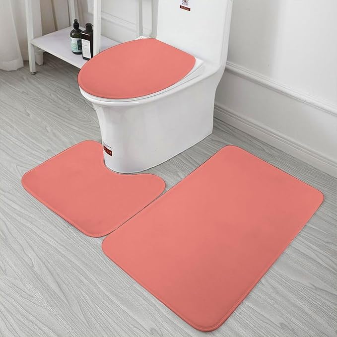 3 Pieces Bath Rug Sets, Solid Coral Pink Bathroom Mat Set Non Slip U Shaped Contour Rug & Toilet Lid Cover