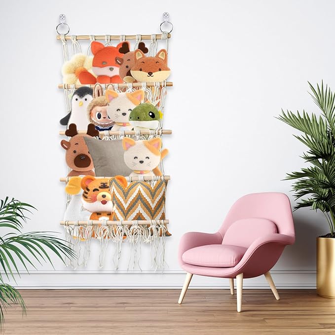 Stuffed Animal Net, Toy Net Hammock for Stuffed Animals with 4 Layers, Plush Hammock Stuffed Animal Hammock Corner, Boho Macrame Wall Hanging Stuffed Animal Storage (Beige)