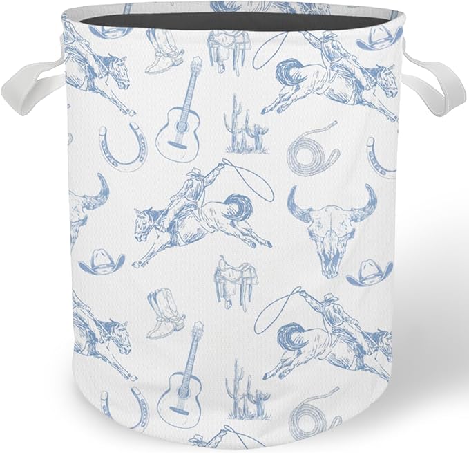 Blue and White Western Laundry Basket, Country Rodeo Cowboy Bull Skull Laundry Basket Hamper Waterproof Collapsible Clothes Toys Storage Bin for Bedroom Bathroom Kids Room, Toybox for Boys