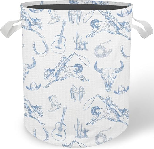 Blue and White Western Laundry Basket, Country Rodeo Cowboy Bull Skull Laundry Basket Hamper Waterproof Collapsible Clothes Toys Storage Bin for Bedroom Bathroom Kids Room, Toybox for Boys