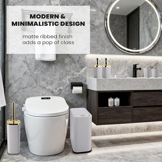 9-Piece Light Gray Bathroom Set with Slim Trash Can Press Top Lid, Modern Bathroom Accessories Sets with Toilet Brush, Soap Dispenser, Toothbrush Set, Soap Dish & Apothecary Jars