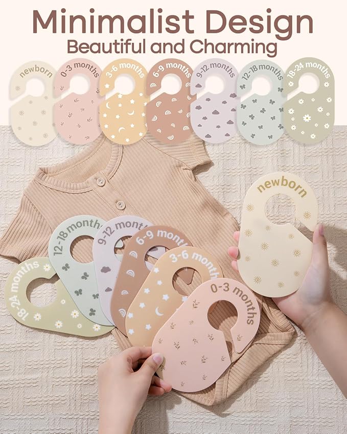 Baby Size Clothes Dividers for Closet: Nursery Hanger Month Dividers for Clothing Organizer - Set of 7 Infant Age Separators from Newborn to 24 Months for Boho Room Decor