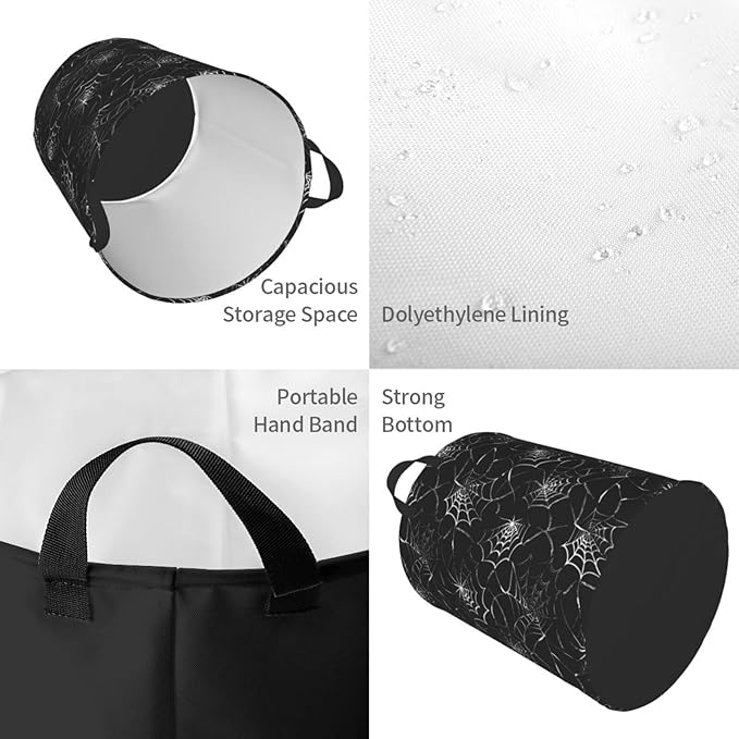 Black Laundry Basket Spider Web Decor,Waterproof Laundry Hamper Home Decor Collapsible Laundry Baskets With Handles,Toy/Clothes Storage Basket For Bedroom Bathroom Decor