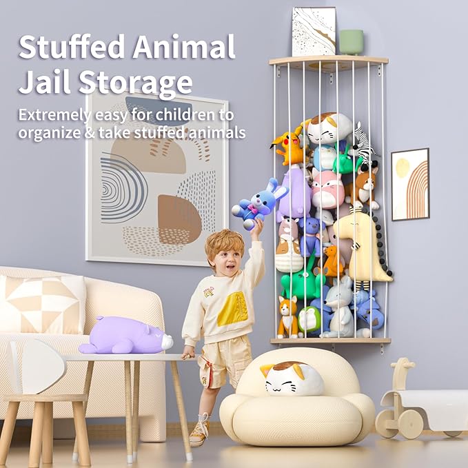 Corner Stuffed Animal Storage Zoo, Large Adjustable Solid Wood Plush Toy Organizer, Hanging Stuffie Holder Shelf & Cage with Engraved Dinosaur Star Moon for Kids Nursery Playroom