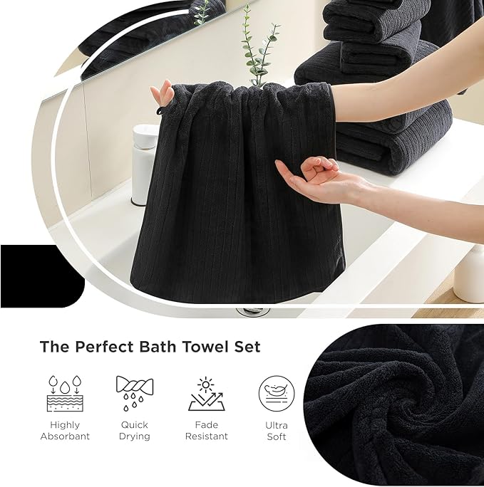 Hailea Black Hand Towels Set 16x31 Inches,Soft Microfibers Bathroom Towel Set 2 Pack,Highly Absorbent Quick Dry Luxury Towel Hotel Spa Gym Hand Towel Collection for Bathroom