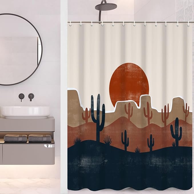 Abstract Mid Century Bohemian Bathroom Shower Curtain Desert Cactus Red Sun with Hooks Waterproof Fabric Polyester Modern Aesthetics Home Decorative, 60x72 Inch
