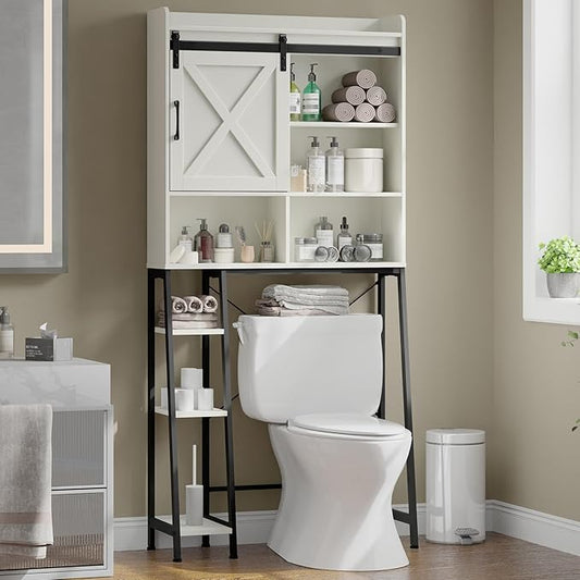 Vabches Over The Toilet Storage Cabinet, Farmhouse Storage Cabinet Over Toilet with Sliding Door & Toilet Paper Holder Stand, Home Space-Saving Toilet Rack for Bathroom, Restroom