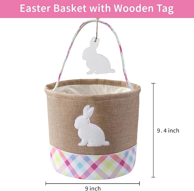 Easter Basket – Bunny Basket with DIY Blank Wooden Bunny Tag for Kids, Boys, Girls, Easter Egg Hunt, Candy Gift Storage (Pink)