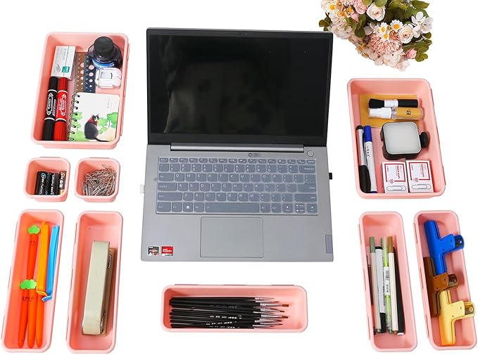 25 PCS Pink Drawer Organizer Set, 4 Size Interlocking Plastic Storage Bins for Office Supplies, Jewelry Makeup Vanity, Bathroom Kitchen, Home Organization Closet, Gadgets Small Items