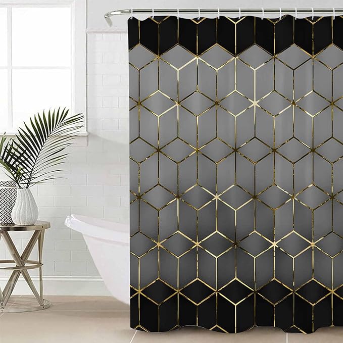 Grey Black Geometric Bathroom Set with Shower Curtain and Rug and Accessories,66x72 Inches Long Bathtub Curtain with Small Bath Mat,Minimalist Honey Gold Plaid Line Bathtub Floor Runner Rug Set