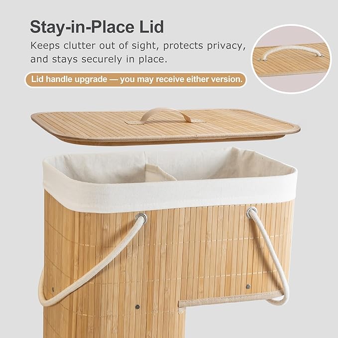 Stair Basket with Lid & Handle – Staircase Storage Basket for Wooden & Carpeted Stairs, Foldable Step Baskets for Stairs, Bamboo Storage Bin Organizer for Toys, shoes & Books (Natural Bamboo)