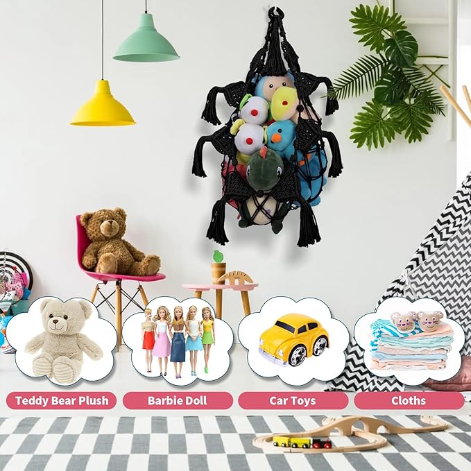 Stuffed Animal Storage Hammock, 56'' Jumbo Boho Macrame Tassels Corner Toy Holder Wall Hanging Net Organizer for Nursery Teddy Plushie, Black Plush Toy Net with Star Light for Boys Girls Gift