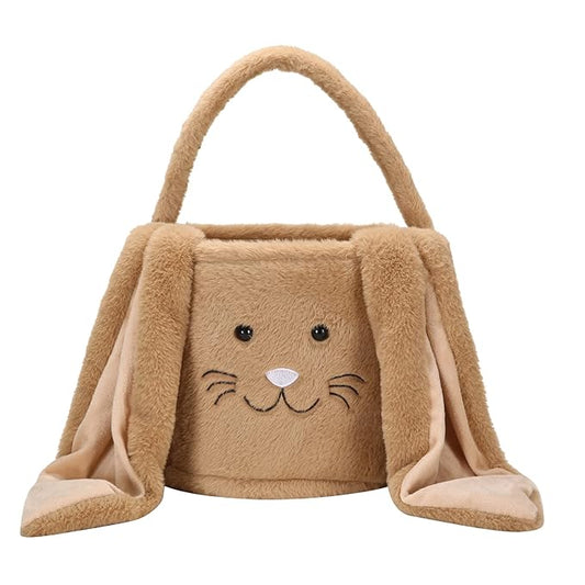 Plush Easter Bunny Basket, Easter Egg Hunt Basket with Soft Long Ears,Bunny Bucket Tote for Candy Easter Party Favors (Plush-Brown)