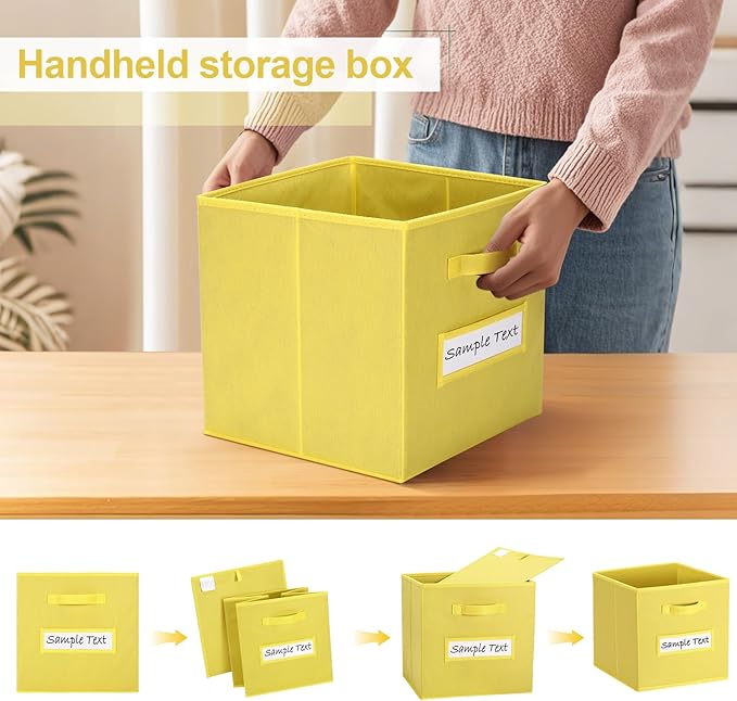 artsdi Fabric storage cubes (8 Pack) 13 Inch Cube Storage Bin, cube organizer bins with 8 Labels Window Cards & a Pen, Foldable cube organizer bins and Storage Box, Dark Yellow