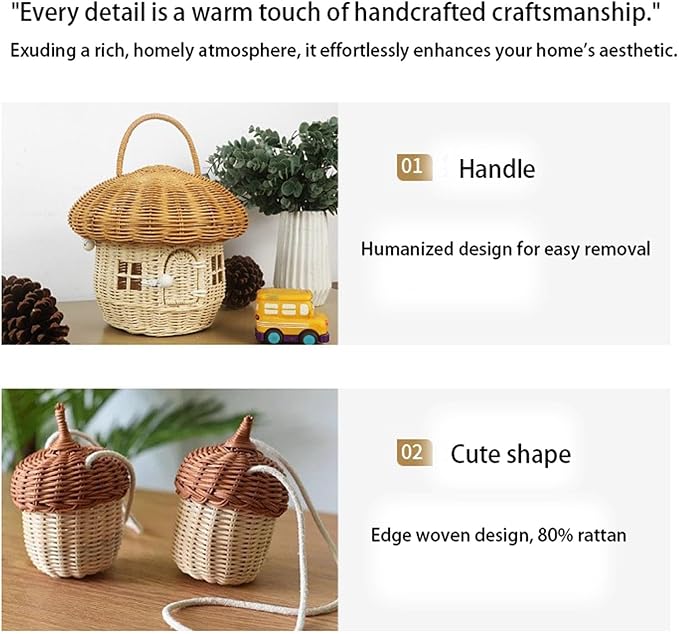 Mushroom Basket with Lid House Shaped Mushroom Basket Portable Decorative Rattan with Handle Photography Props-Gifts for Kid(RED25*26 * 26cm)