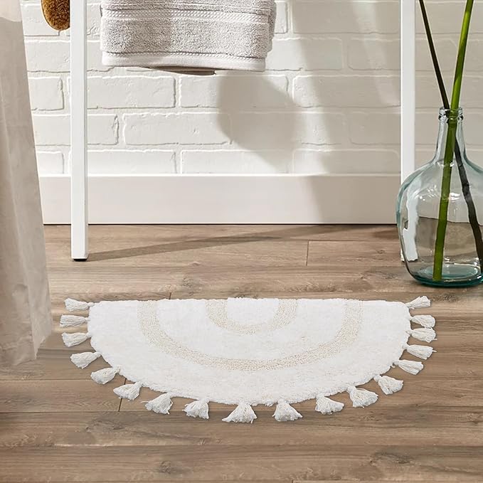 Half Circle Boho Bathroom Rugs with Tassels 100% Cotton Hand-Woven Bath Mat Non Slip Absorbent Bath Rugs with Rug Pad Washable Boho Bath Mat Carpet for Tub, Shower 20"x32",White