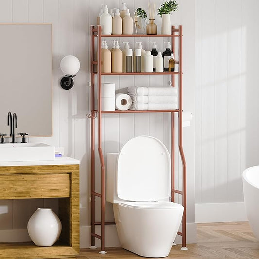 3-Tier Over The Toilet Storage, Space Saver Metal Bathroom Shelves, Freestanding Above Over Toilet Storage Shelf with 4 Hooks for Bathroom, Bronze