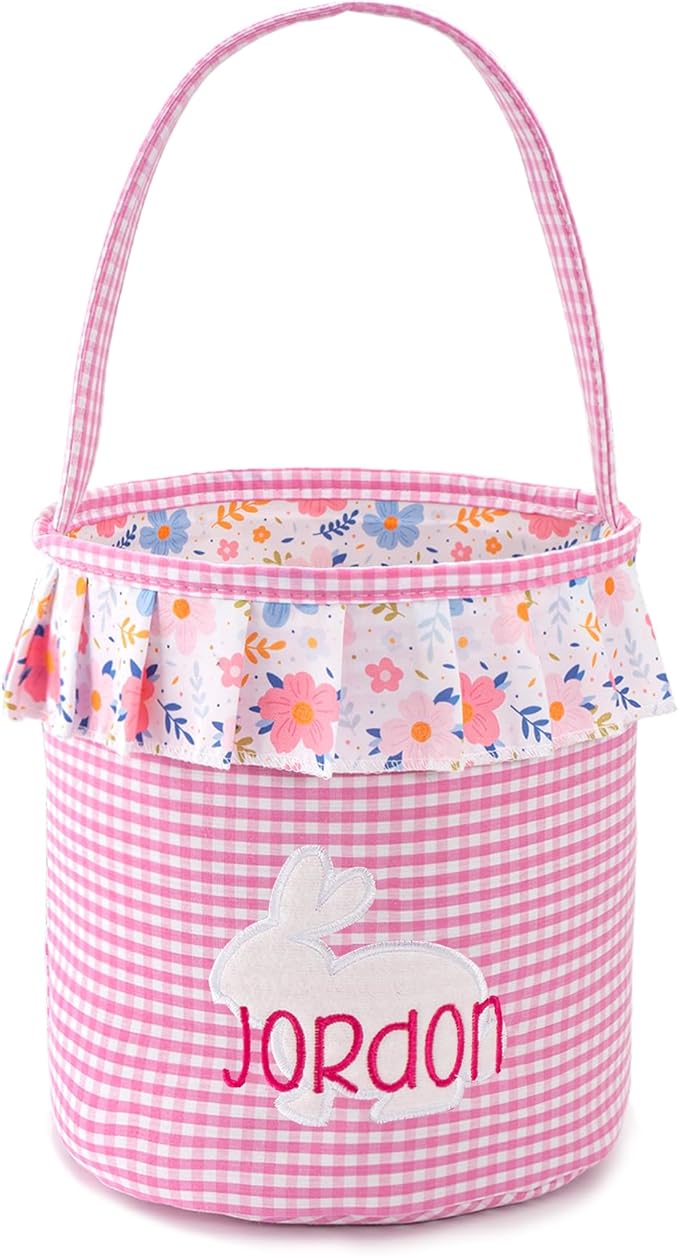 MT WORLD Toddler Easter Bunny Basket Personalized Easter Egg Bucket for Kids with Name Rabbit Ruffle Bucket Tote for Baby Boys Girls Easter Egg Hunts Decorations Candy Gifts Storage (Pink Plaid)